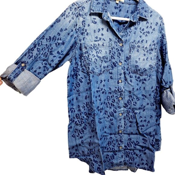 Side Stitch woman Blue Leopard Print Lyocell long Sleeve Shirt Size XS - Picture 9 of 13